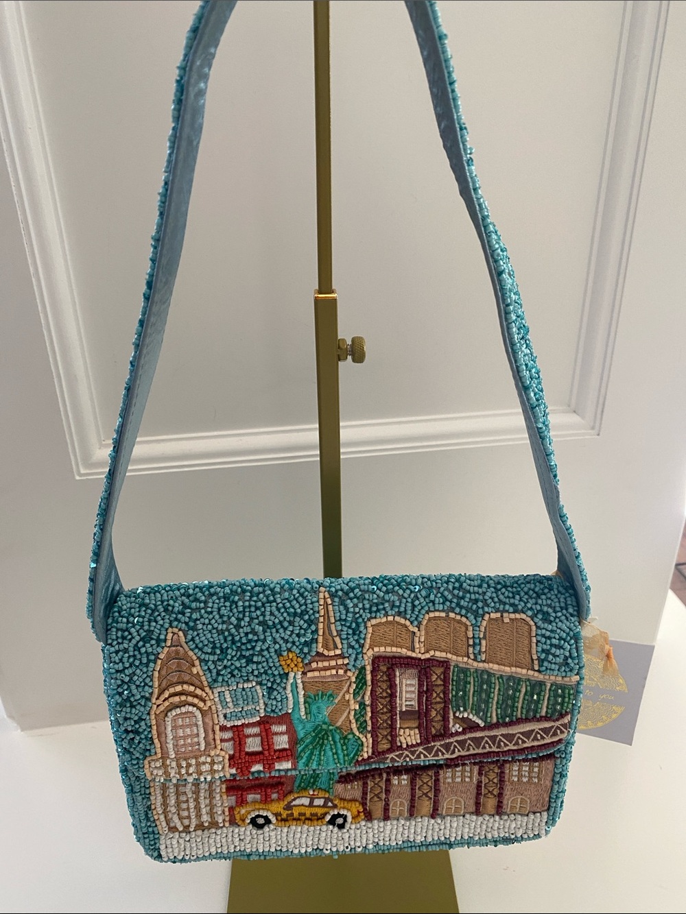 Beaded New York Cityscape Shoulder Bag - Turquoise